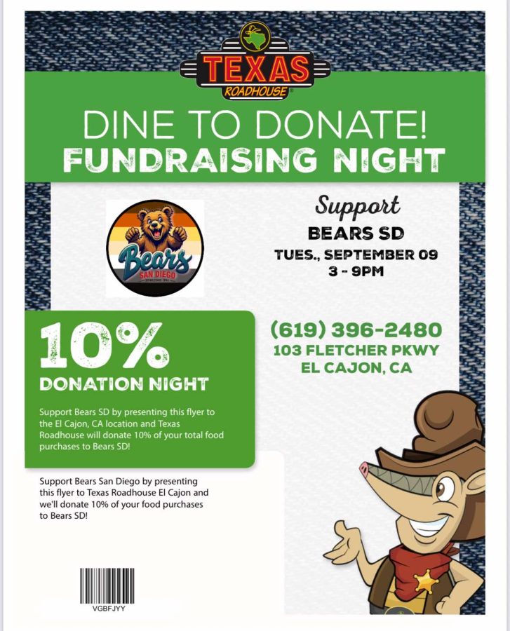 Dine to Donate at Texas Roadhouse, located at 103 Fletcher Parkway in El Cajon, California. Tuesday, September 9th between 3pm and 9pm. Present the flyer to help donate 10% to Bears San Diego.